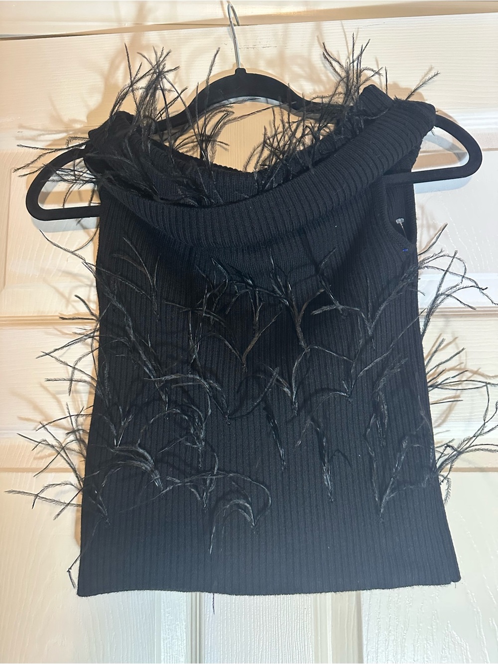 Tanya Taylor Black Feather-Trim Ribbed Turtleneck Sweater